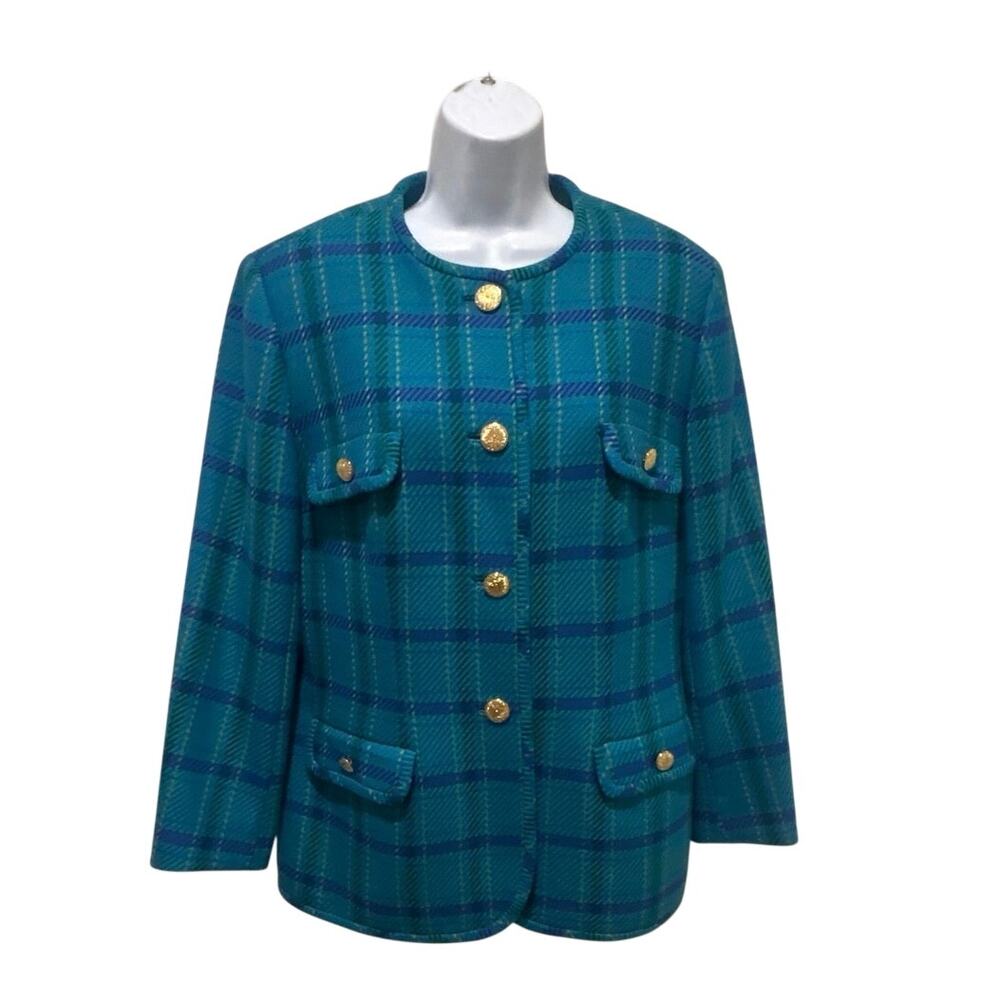 Vtg 80s Tailored blue/green tartan plaid wool Blazer “Pete's Fashions” women L